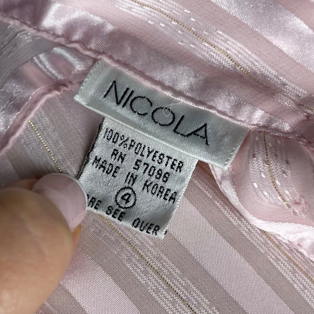 Vintage Nicola - Pink Striped Mock Neck Peplum Top Back Button Blouse - Size 4 - Picture 12 of 16